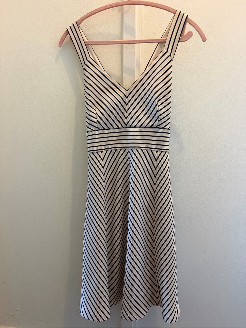 White House Black Market Black and White Striped Backless V-Neck Dress